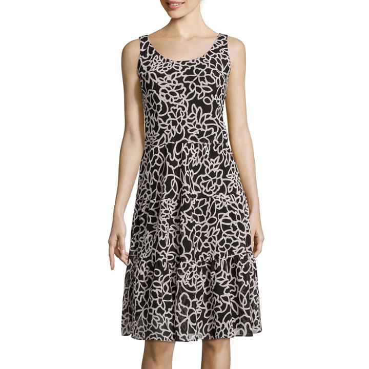 Black Label By Evan Picone Sleeveless Floral Tiered A-line Dress