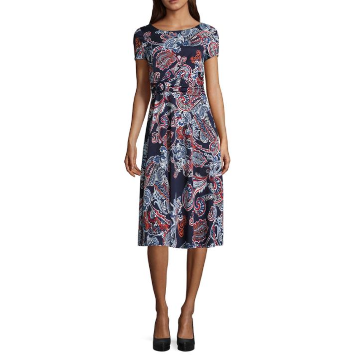 Perceptions Short Sleeve Paisley Fit & Flare Dress