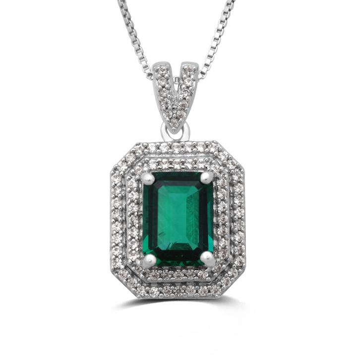 Womens Lab Created Emerald Sterling Silver Pendant Necklace
