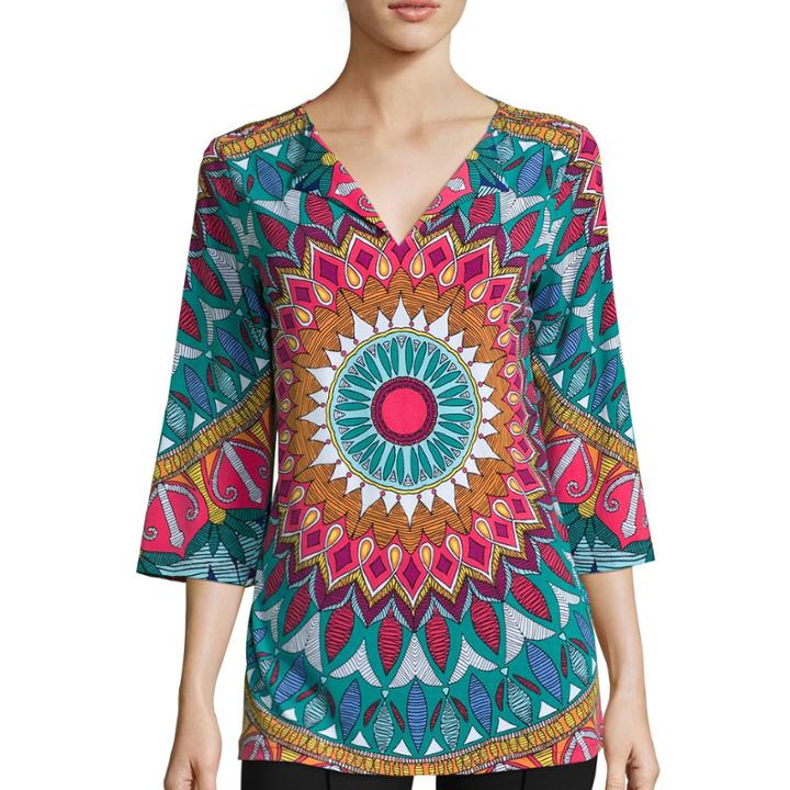 Nicole By Nicole Miller Long-sleeve Split-neck Yin Yang Top