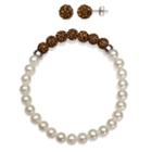 6-7mm Cultured Freshwater Pearl And 6mm Brown Lab Created Crystal Bead Sterling Silver Earring And Bracelet Set 1
