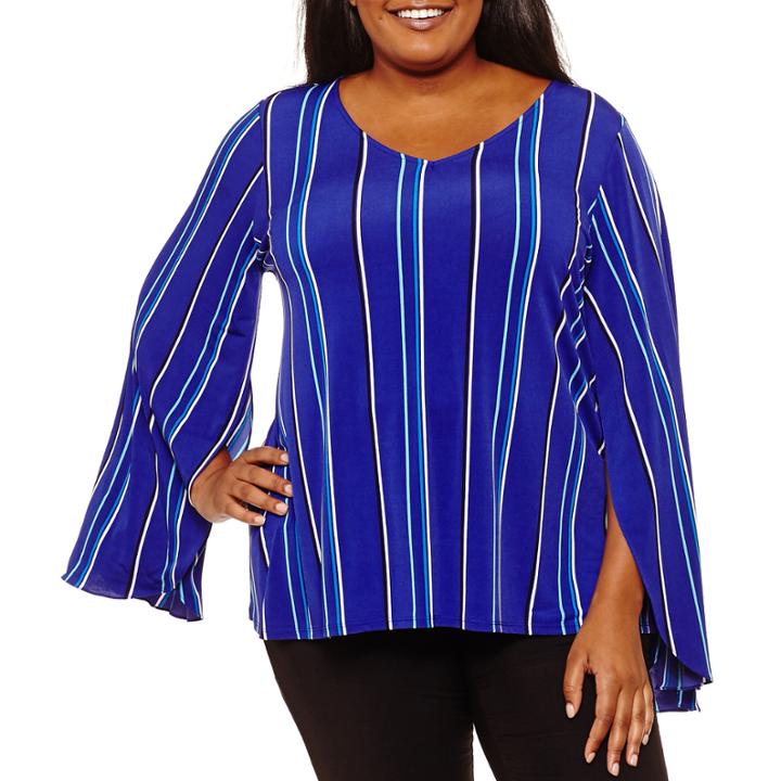 Worthington Long Split Sleeve V Neck Knit Blouse-plus