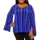 Worthington Long Split Sleeve V Neck Knit Blouse-plus