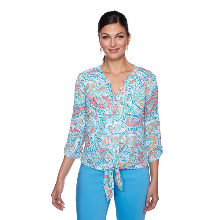 Lark Lane Je Taime 3/4 Sleeve Split Crew Neck Georgette Blouse
