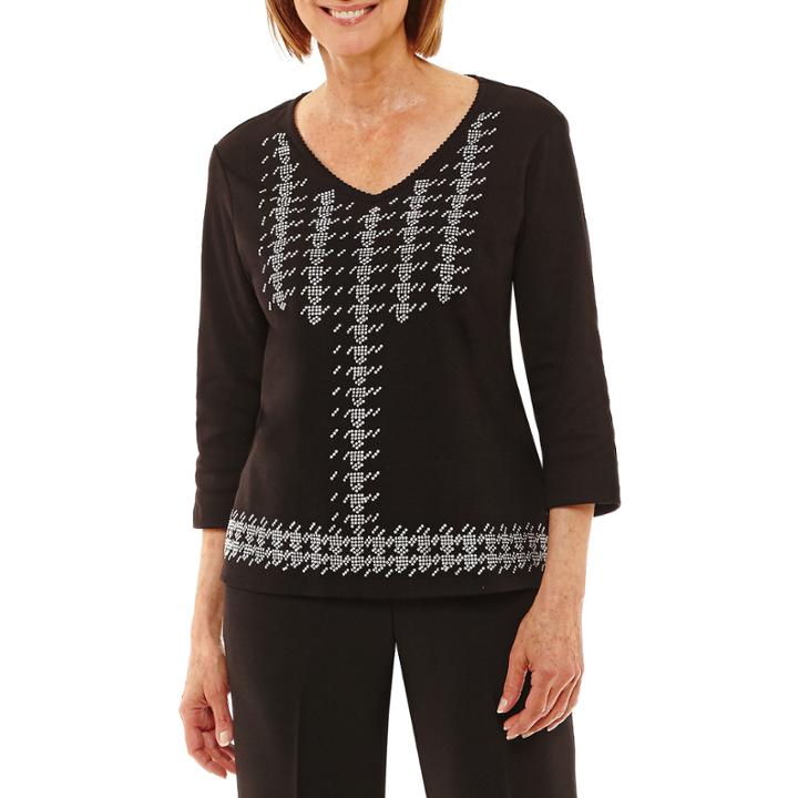 Alfred Dunner Talk Of The Town 3/4 Sleeve V Neck T-shirt-womens Petites