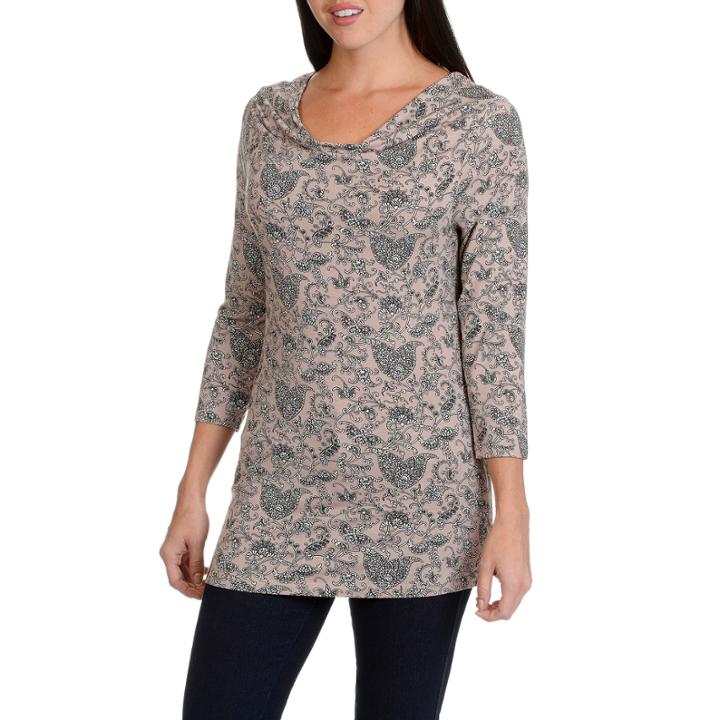 Larry Levine Printed Open Drape Neck 3/4 Sleeve Knit Top