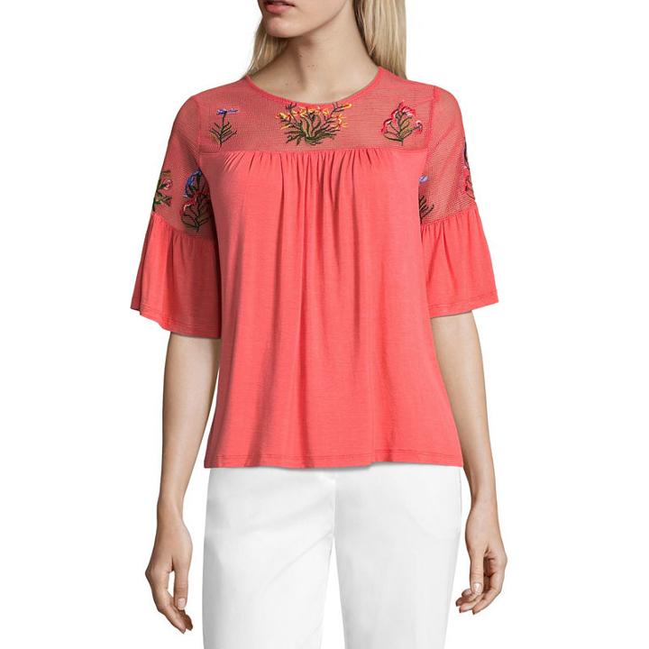 Liz Claiborne 3/4 Sleeve Round Neck Jersey Embroidered Blouse
