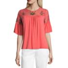 Liz Claiborne 3/4 Sleeve Round Neck Jersey Embroidered Blouse