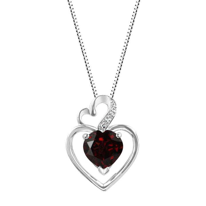 Genuine Garnet Sterling Silver Double Heart Pendant Necklace