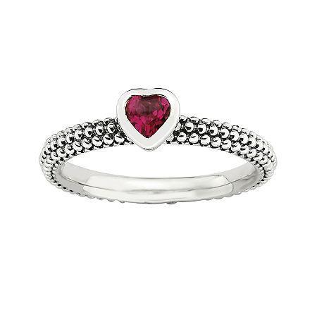 Personally Stackable Lab-created Ruby Heart Sterling Silver Beaded Ring