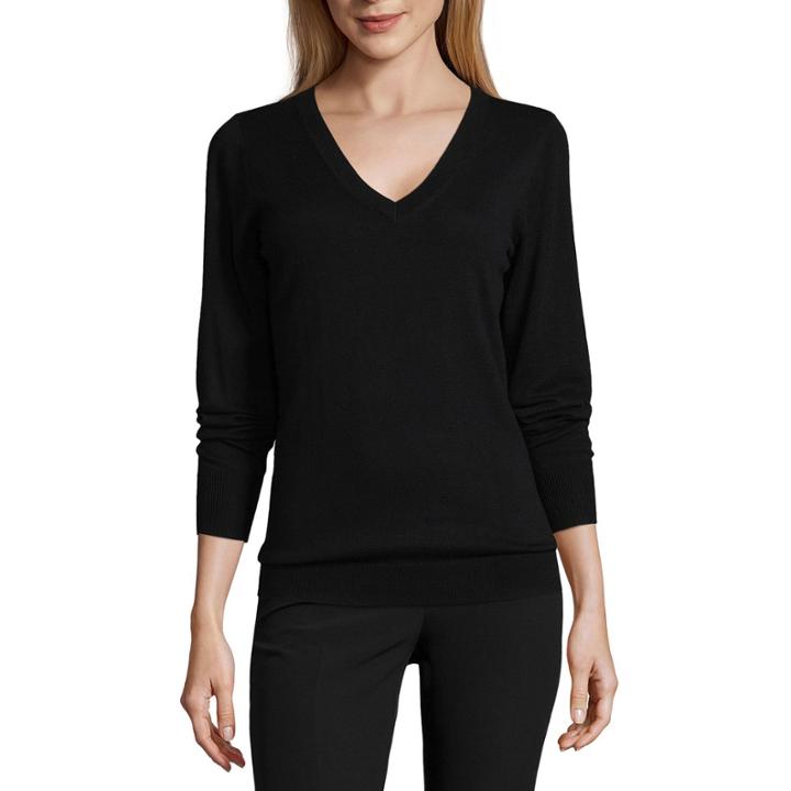 Worthington Long Sleeve V Neck Stripe Pullover Sweater-talls