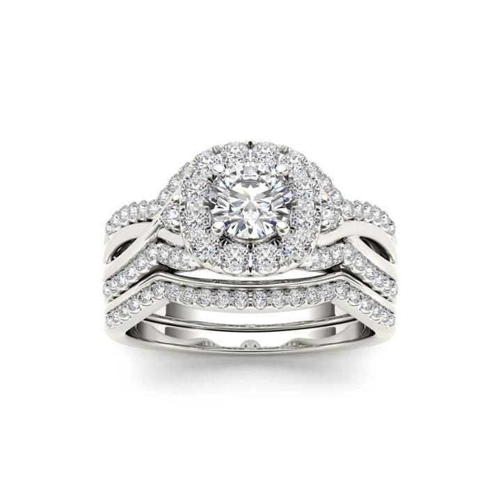 1 1/4 Ct. T.w. Diamond 14k White Gold Halo Bridal Ring Set
