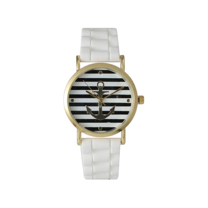 Olivia Pratt Womens Horizontal Stripe Anchor Emblem Dial White Silicone Watch