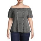 Self Esteem Short Sleeve Off Shoulder Sleeve Gingham Peasant Top Juniors Plus