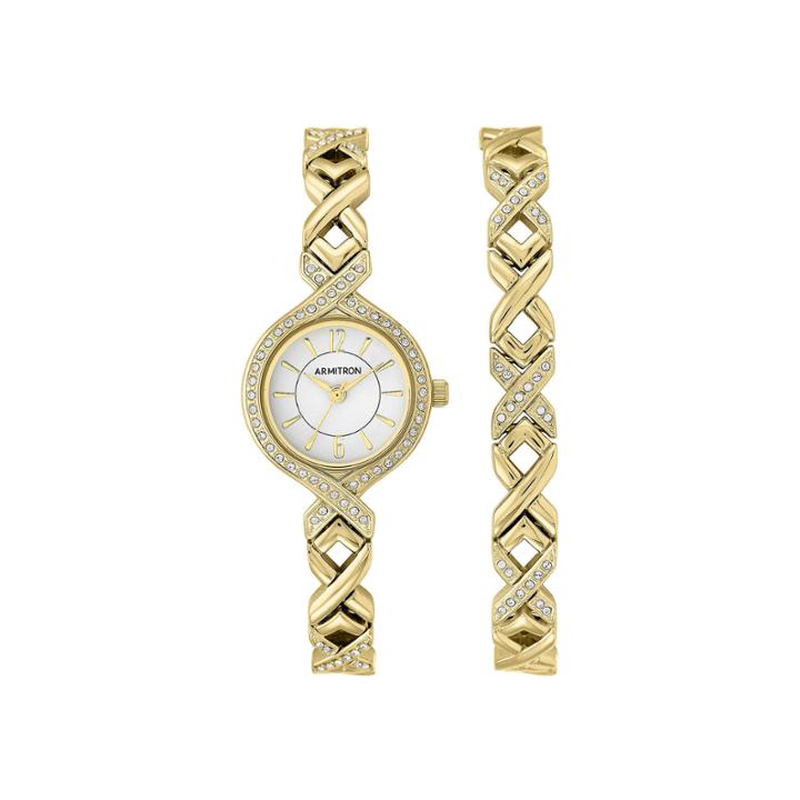 Armitron Womens Gold Crystal Accent Watch And Bracelet Set
