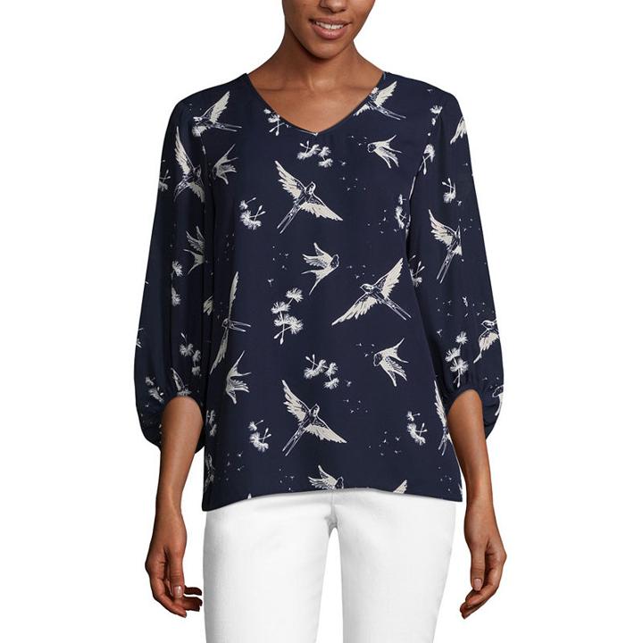 Como Black Blouson Sleeve V Neck Crepe Blouse