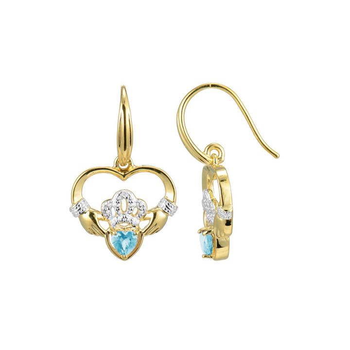 Heart-shaped Genuine Aquamarine And Diamond-accent Claddagh Earrings