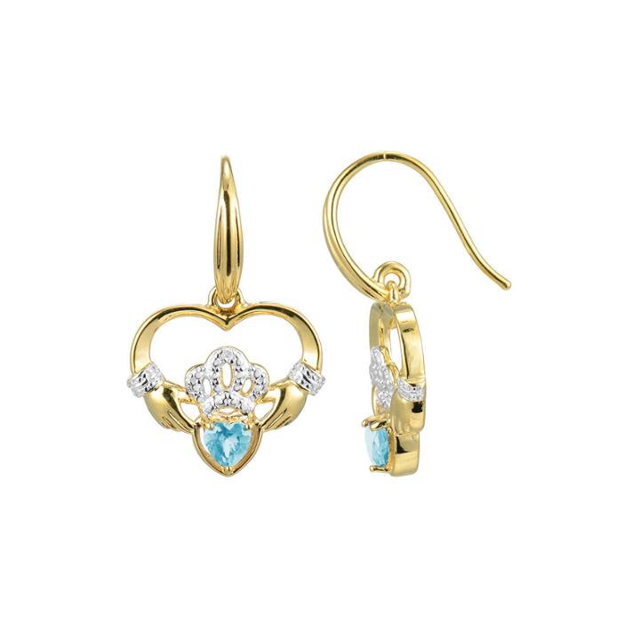 Heart-shaped Genuine Aquamarine And Diamond-accent Claddagh Earrings
