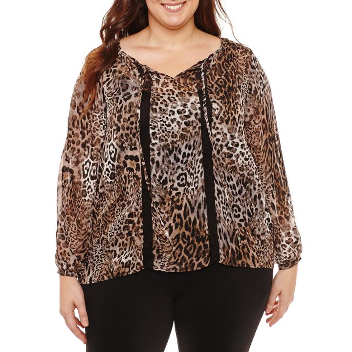 Alyx Long Sleeve Split Crew Neck Chiffon Animal Blouse-plus