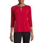 Liz Claiborne 3/4 Sleeve Keyhole Neck T-shirt-petites