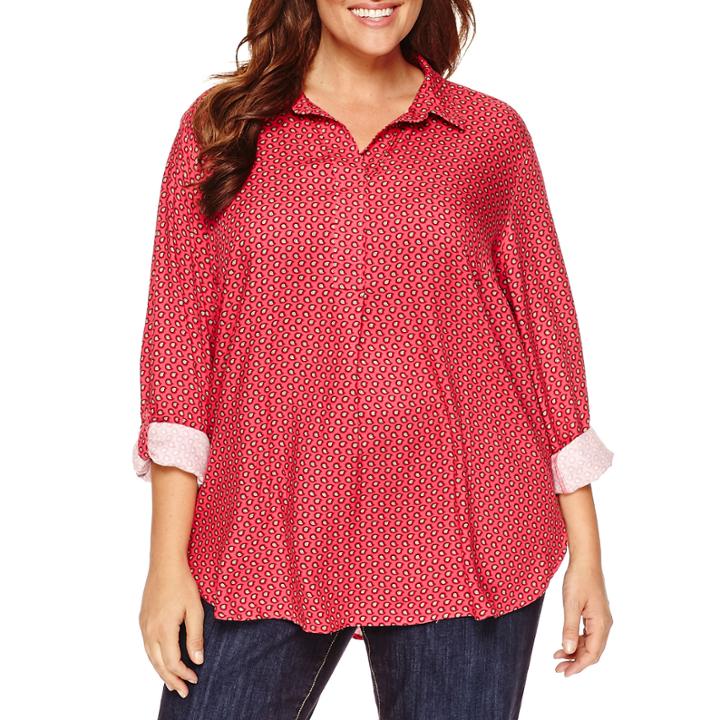 Liz Claiborne Long-sleeve Rolltab Popover Top - Plus