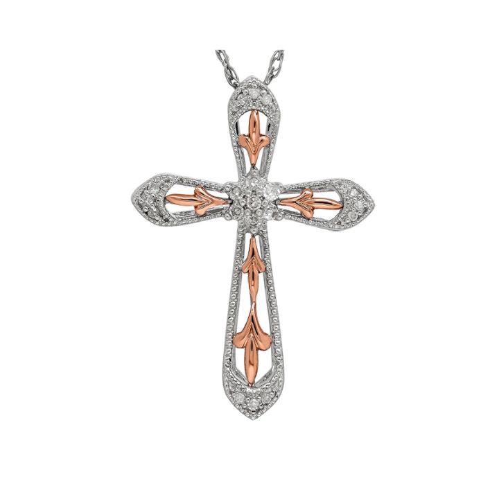 1/10 Ct. T.w. Diamond Sterling Silver With 10k Rose Gold Cross Pendant Necklace
