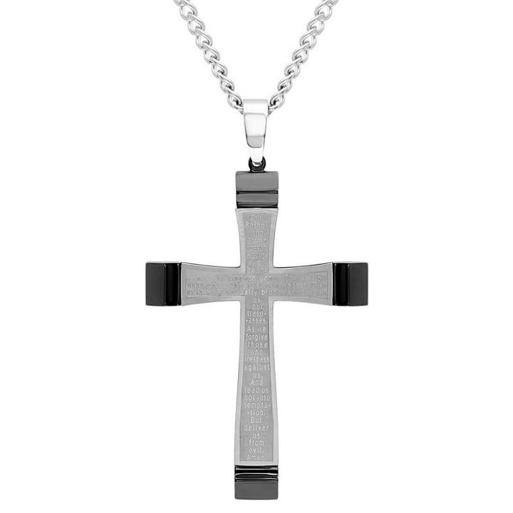 Mens Stainless Steel Lords Prayer Cross Pendant Necklace