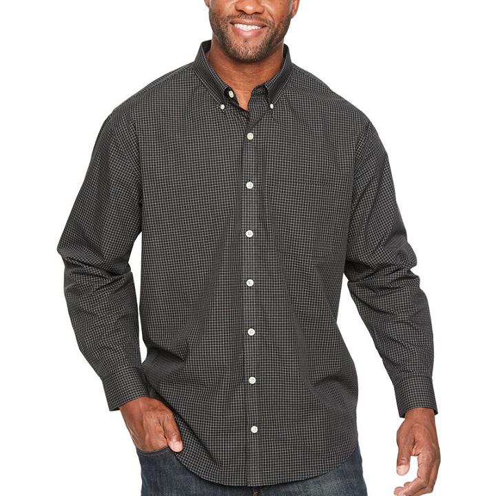 Van Heusen Wrinkle Free Poplin Long Sleeve Checked Button-front Shirt-big And Tall