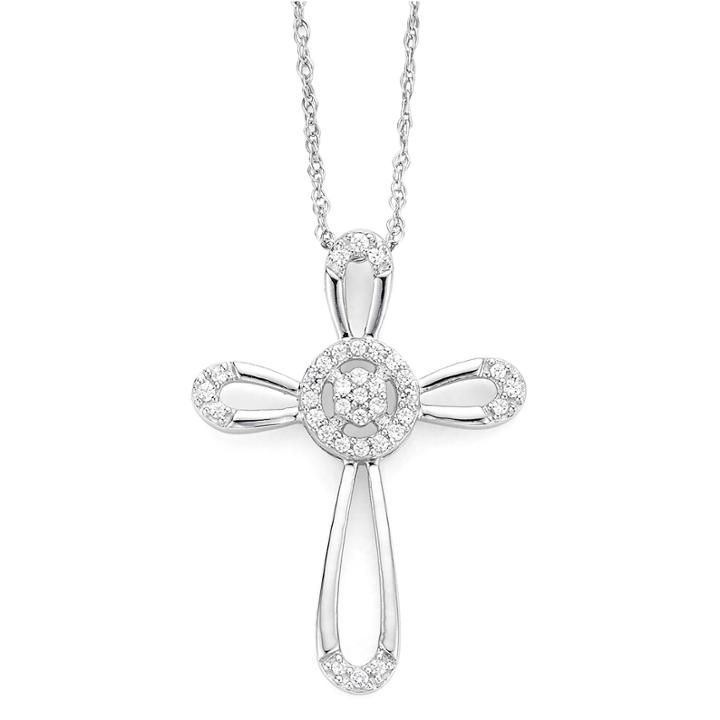 Diamond Blossom 1/10 Ct.t.w. Diamond 10k White Gold Cross Pendant Necklace