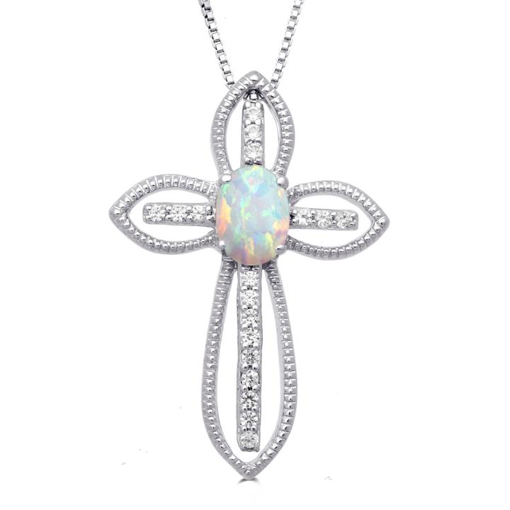 Lab-created Opal & Lab-created White Topaz Sterling Silver Cross Pendant Necklace
