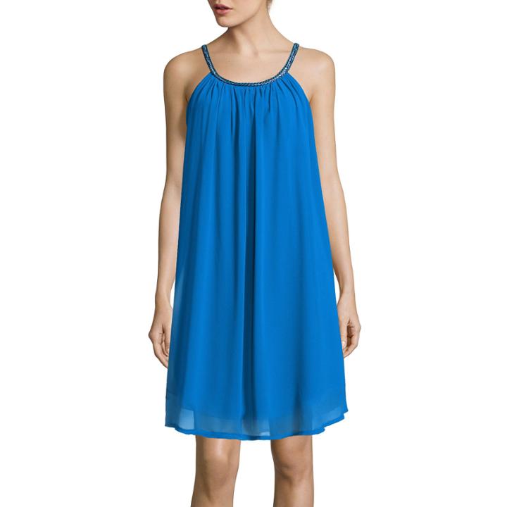 Pinky Sleeveless Braided-strap Solid Chiffon A-line Dress