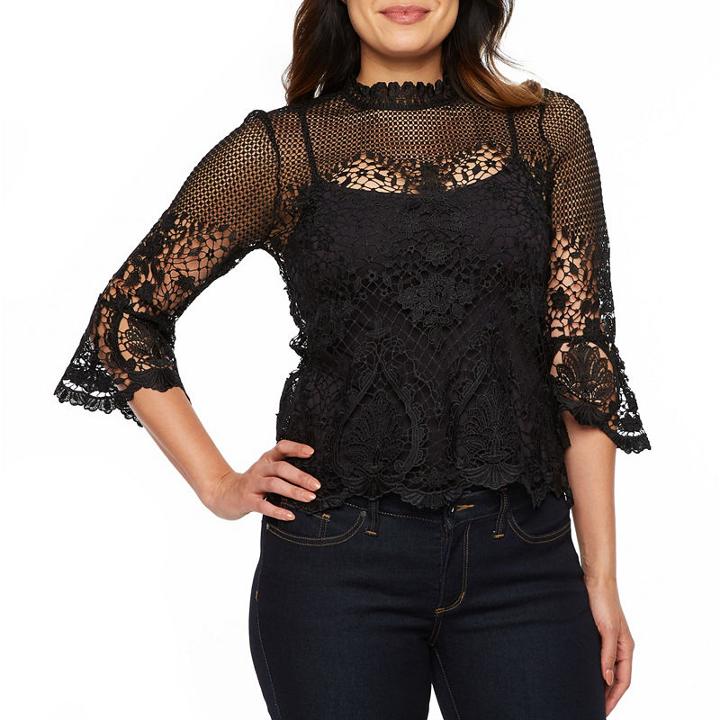 Bold Elements Bold Elements Lace Bell Sleeve Top Long Sleeve High Neck Lace Blouse