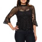 Bold Elements Bold Elements Lace Bell Sleeve Top Long Sleeve High Neck Lace Blouse