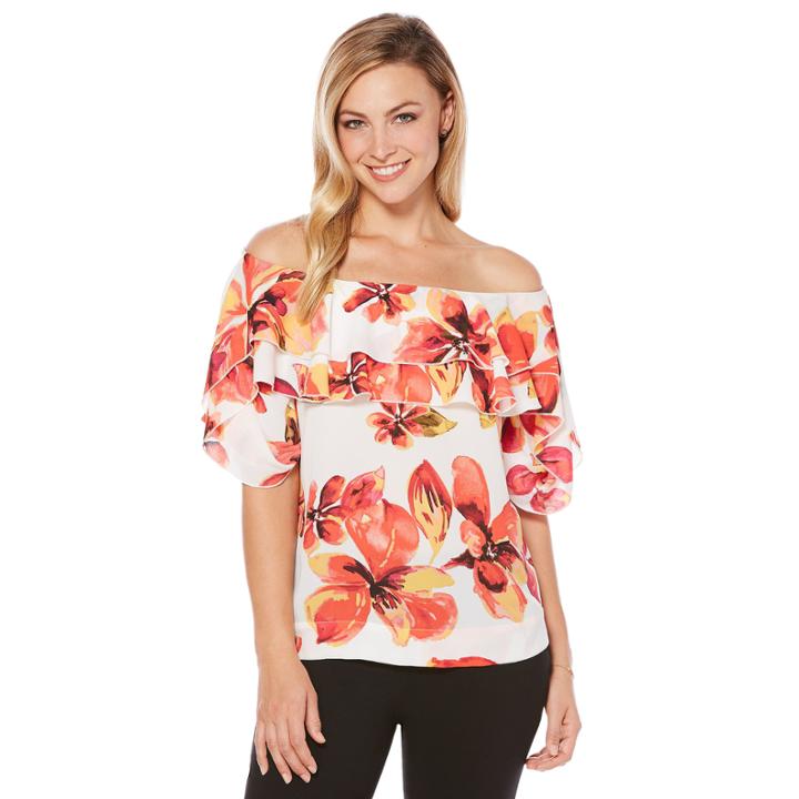 Rafaella Short Sleeve Scoop Neck Knit Floral Blouse