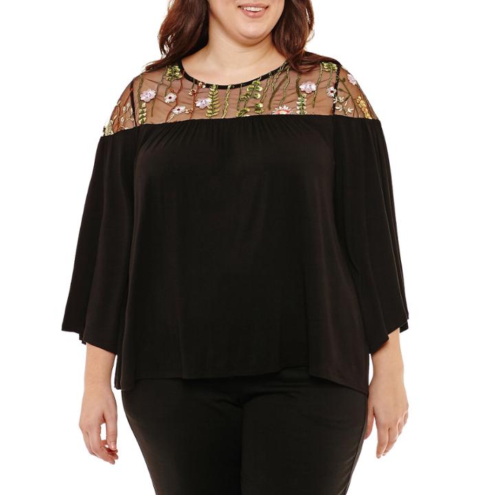 Liz Claiborne Embroidered Mesh Top- Plus