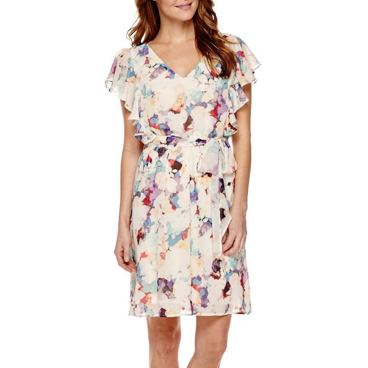 Sangria Short Flutter-sleeve Print Blouson Dress - Petite