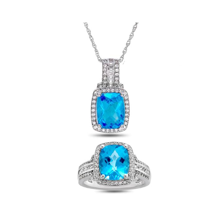 Genuine Blue Topaz & Lab-created White Sapphire Sterling Silver 2 Pc. Ring & Pendant Boxed Set