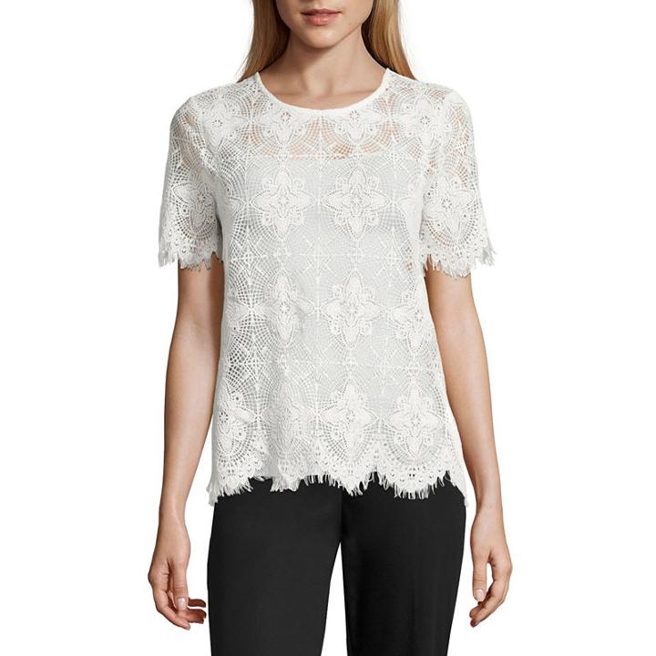 Worthington Short Sleeve Round Neck Georgette Blouse