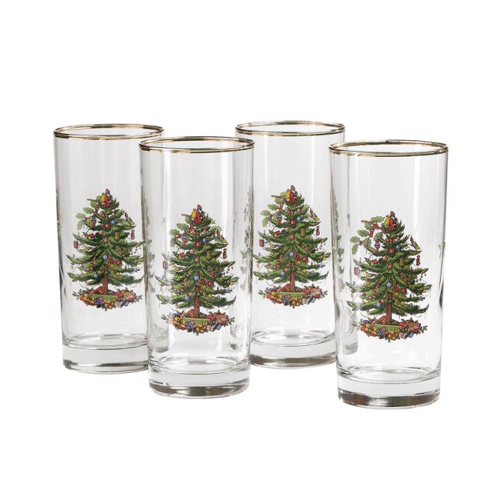 Spode Christmas Tree Set Of 4 Gold-rim Highball Glasses