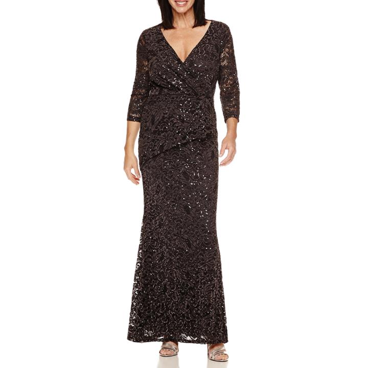 Blue Sage 3/4-sleeve Sparkle Lace Formal Peplum Gown