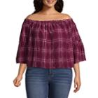 Arizona 3/4 Sleeve Off Shoulder Sleeve Plaid Peasant Top-juniors Plus
