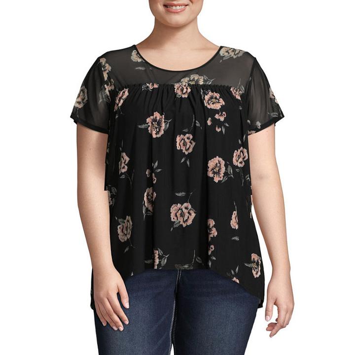 Boutique + Short Sleeve Mesh Floral T-shirt - Plus
