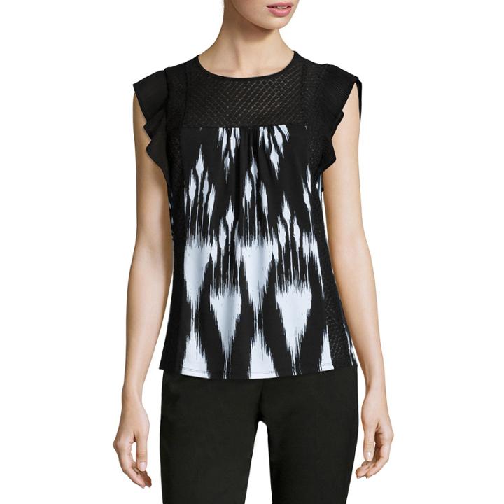 Worthington Pleat-sleeve Lace Trim Top