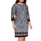 London Style Collection 3/4-sleeve Placed Scroll Print Sheath Dress - Plus