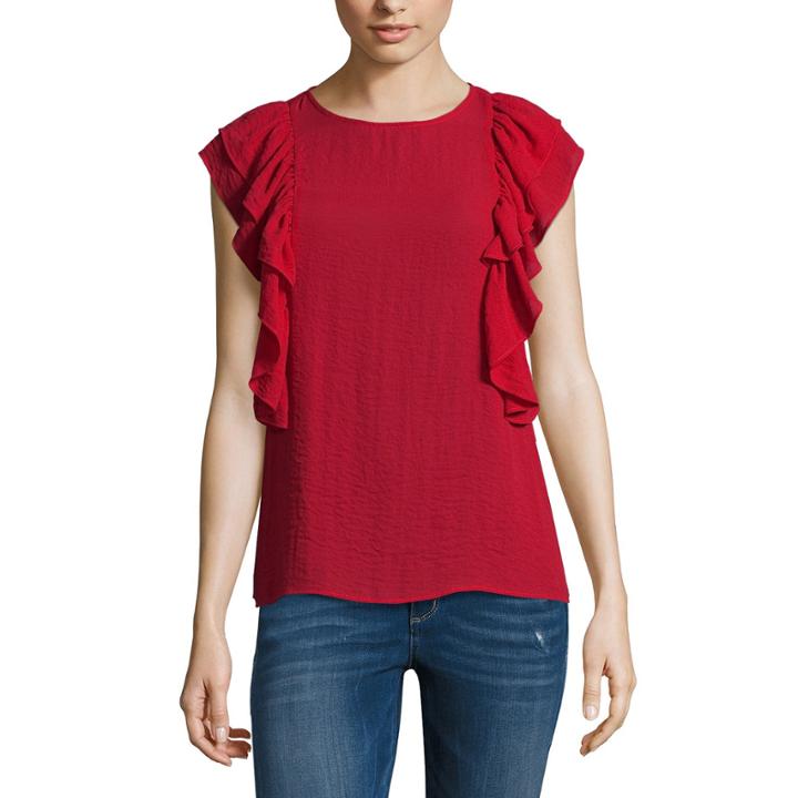 A.n.a Ana Ruffle Shoulder Blouse Short Sleeve Crew Neck Woven Blouse