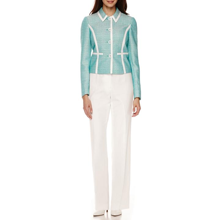 Isabella Long-sleeve Button-down Contrast-trim Pant Suit - Petite