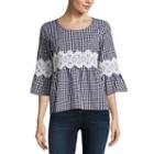 Eyeshadow 3/4 Sleeve Round Neck Poplin Gingham Blouse-juniors