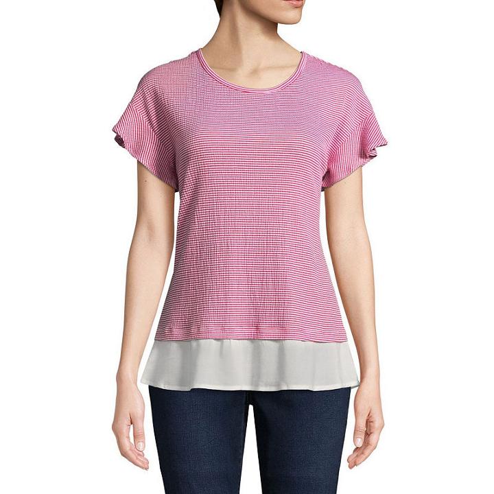 St. John's Bay Short Sleeve Scoop Neck Gauze Ruffled Blouse