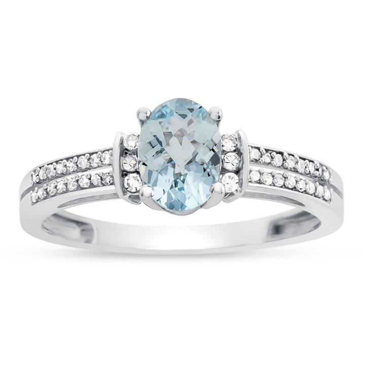 Womens Genuine Aquamarine & 1/8 Ct. T.w. Diamond 10k Gold Cocktail Ring