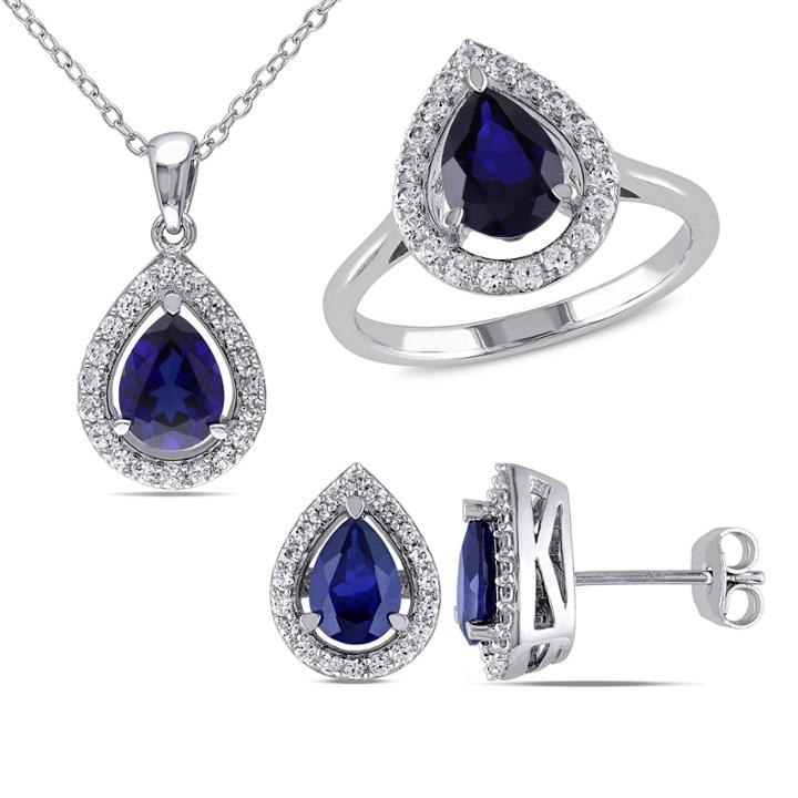Lab-created Blue Sapphire And Diamond Sterling Silver Earrings, Ring, And Pendant Necklace 3-piece Set